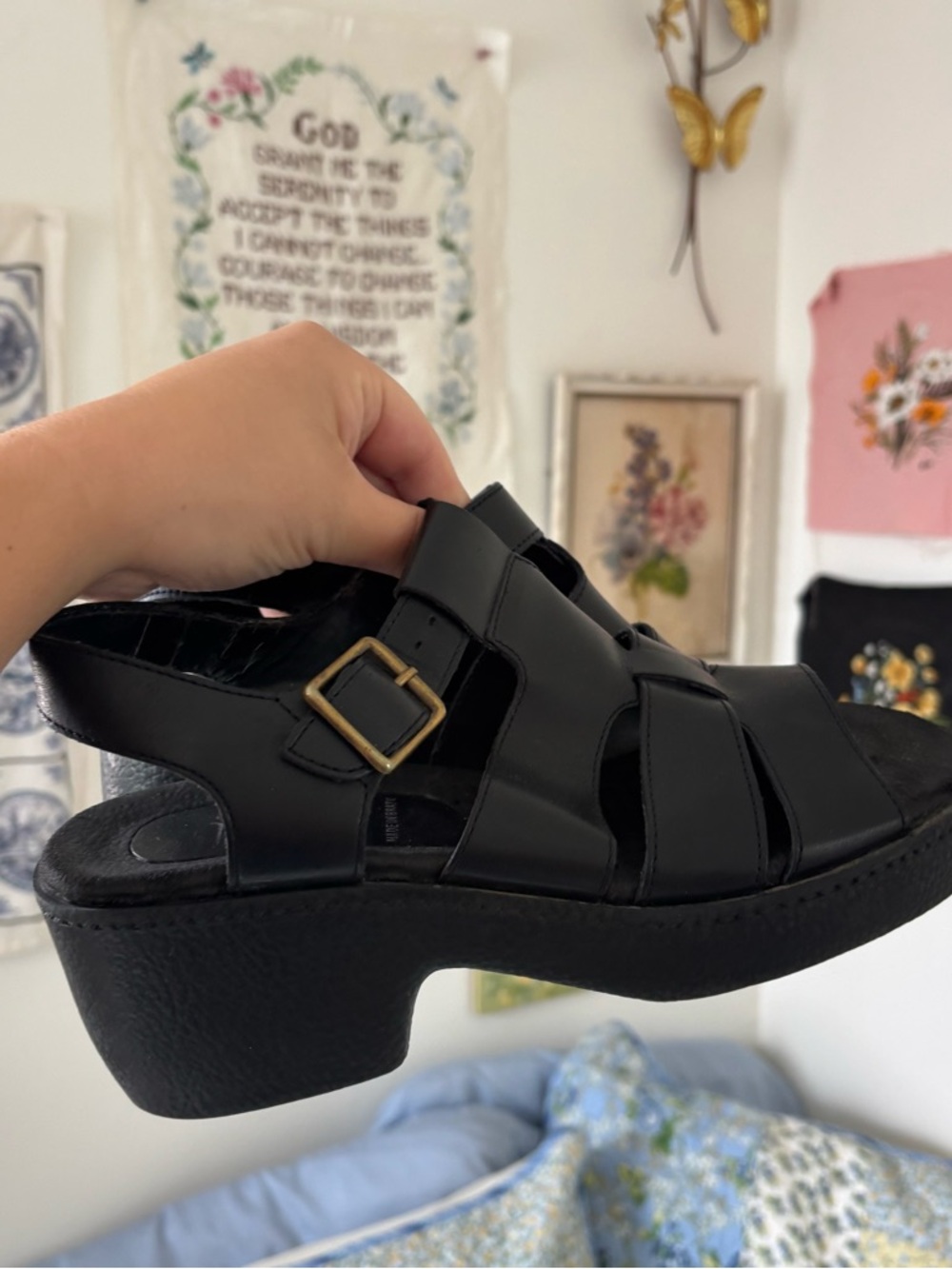 Black leather Women's Platform Fisherman Sandals